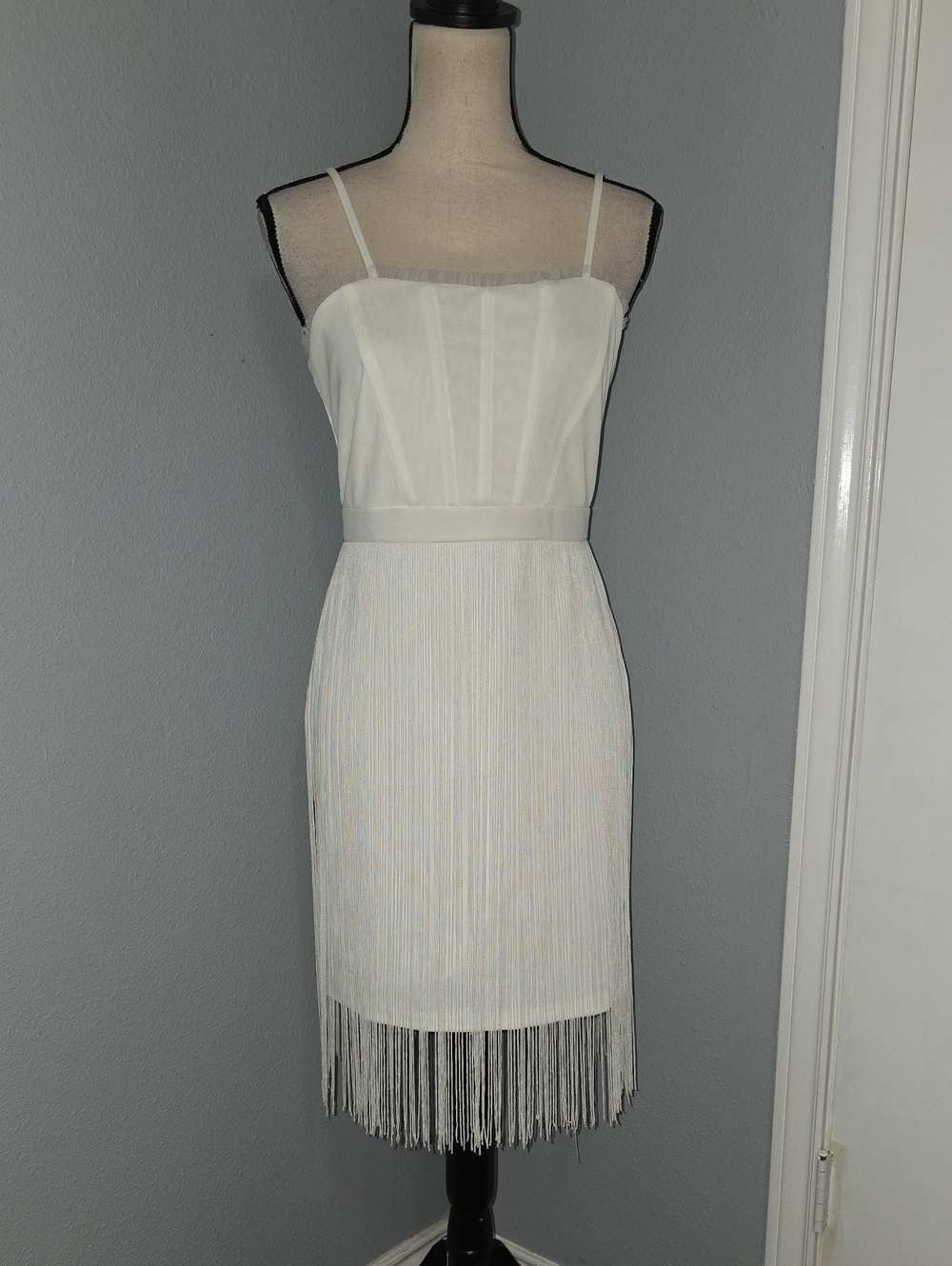Cache White Fringe Slip Dress with Spaghetti Straps